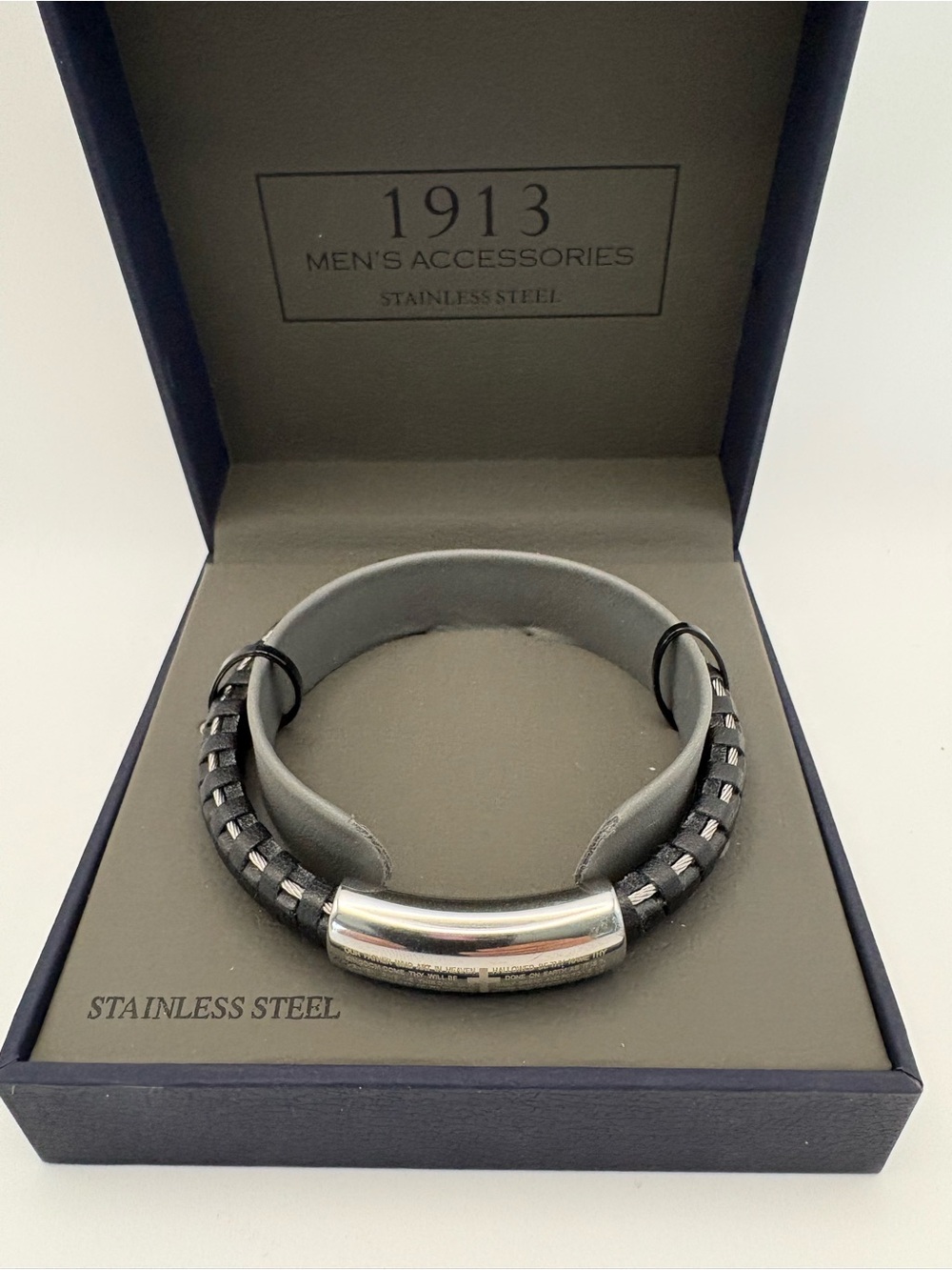 Men's Black Braided Leather Stainless Steel Bracelet w/Cross & The Lords Prayer